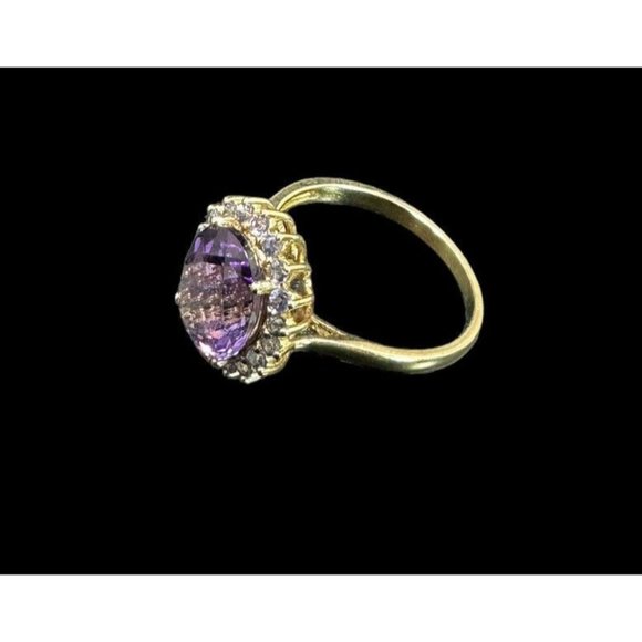 10k FP Ring Yellow Gold Oval Cut Amethyst Blue Topaz Halo Band Size 10 Signed - Picture 3 of 9
